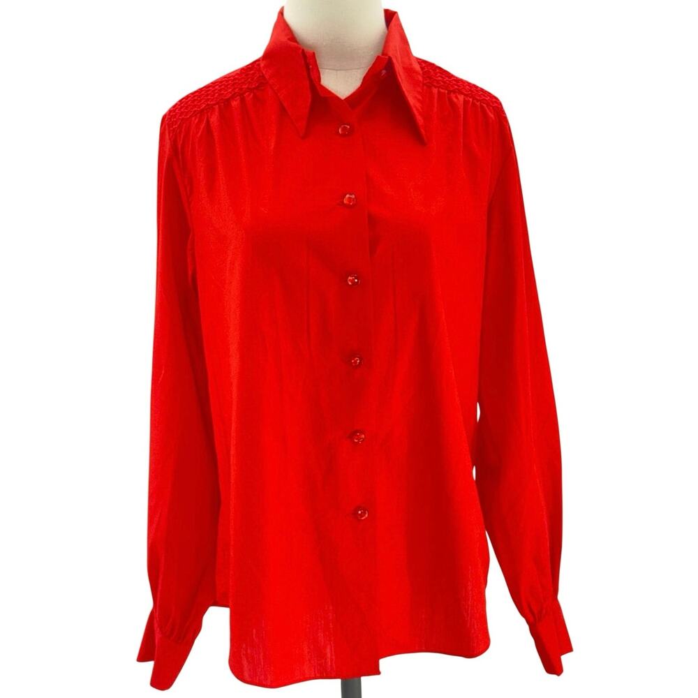 Vintage 70s Women's Large Red Blouse Lady Arrow Decton Red Button Front